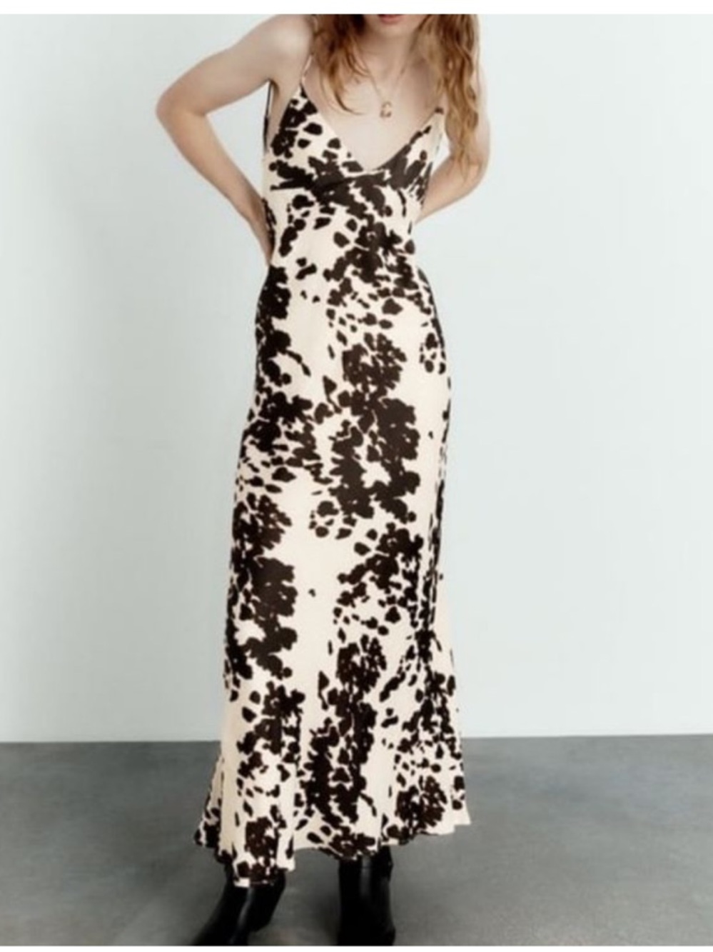 Zara Cream and Black Cow-Print Satin-Effect Midi Skirt